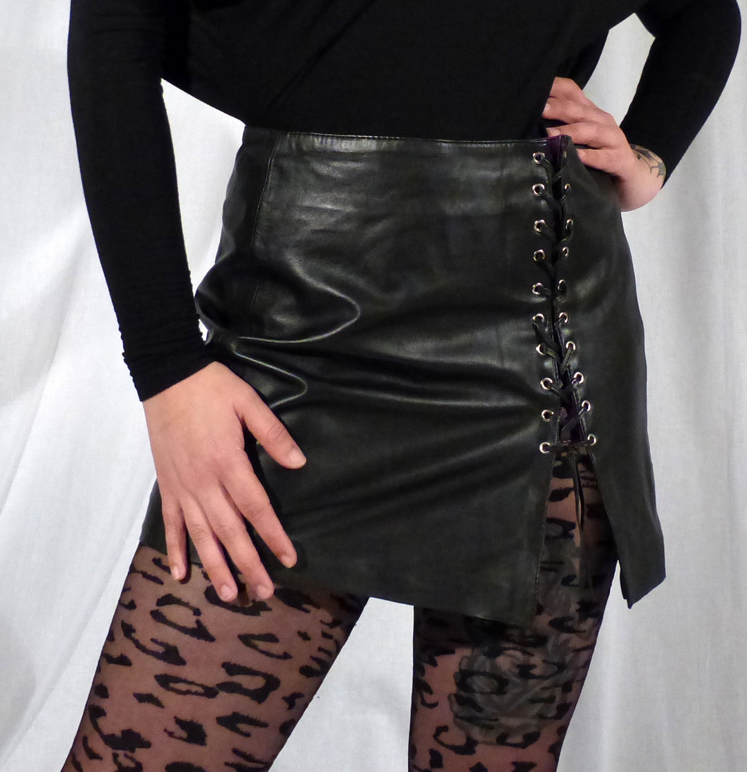 Model showing the front of the Leather Side Lace Skirt.