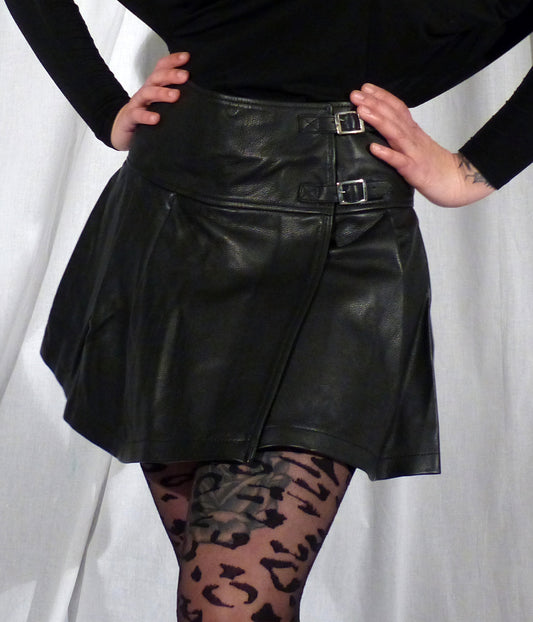 Leather Kilt Skirt on model, front view.