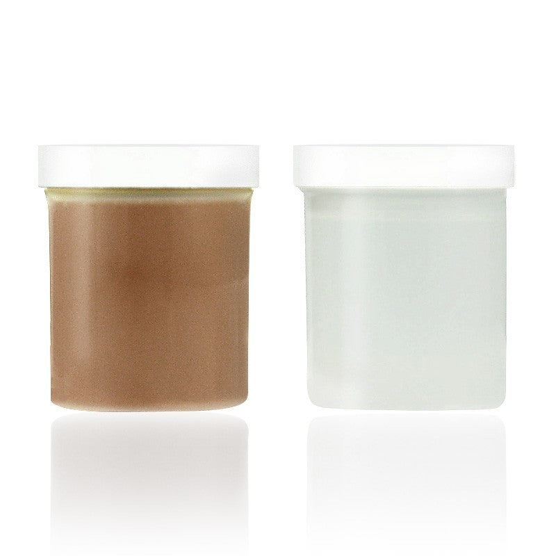 A jar of brown and a jar of light Clone A Willy Liquid Skin Refill.