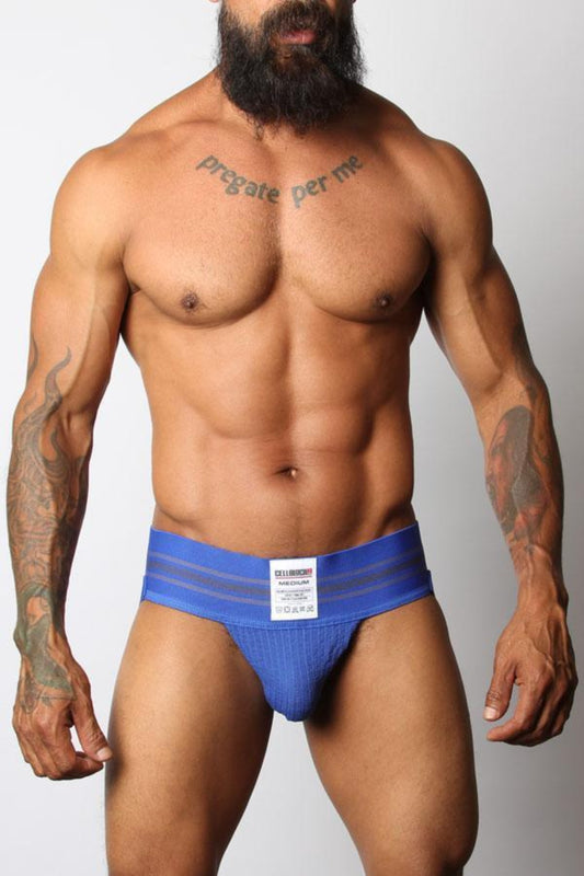 The front of the blue Tight End Jockstrap.