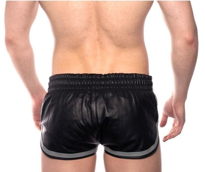 Close up of the back of the black and grey prowler leather sport shorts.