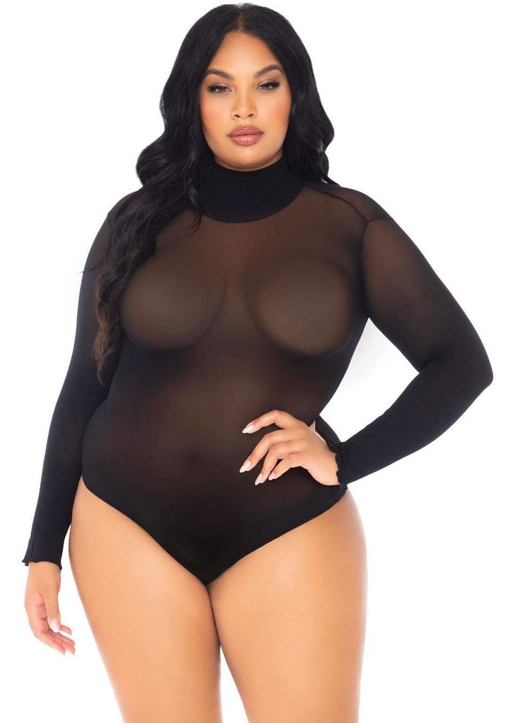 A model wearing the plus size Opaque High Neck Long Sleeve Bodysuit, front view.