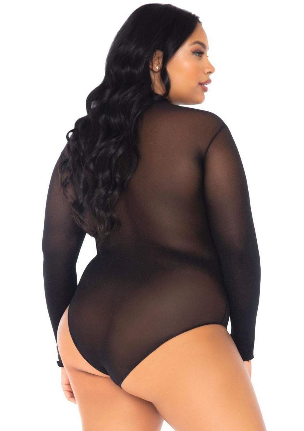 A model wearing the plus size Opaque High Neck Long Sleeve Bodysuit, rear view.