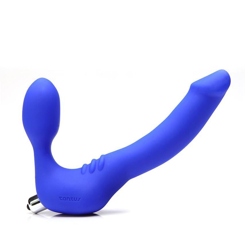 The right side view of the azure Tantus Strapless Double Dildo.