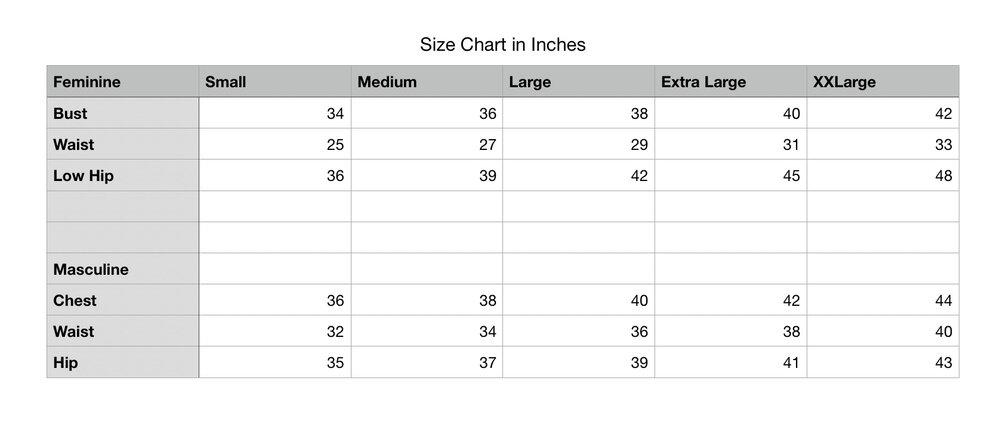 The Size Chart in Inches.