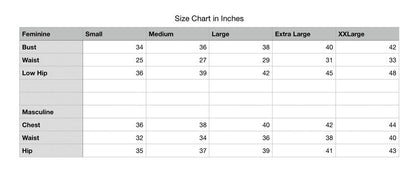 The size chart in inches for the Latex Snap Vest.