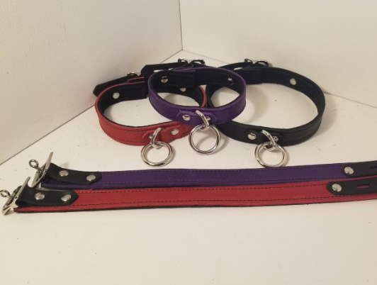 Three Basic Single Ring Collars. Red, purple and black. Also displayed are a red and a purple collar, both without rings.