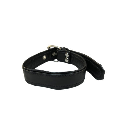 Front of black leather overlay buckle bicep armband.