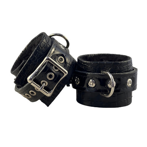black quality vegan leatherette cuff front d-ring, and back buckle closure
