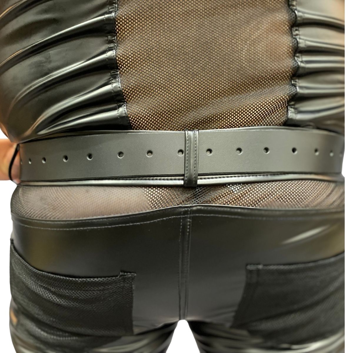 A close up of the eyelets of bondage trick belt.