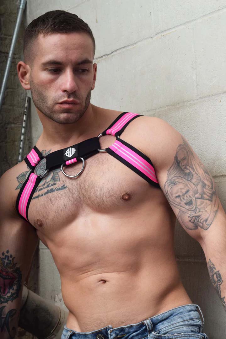 The front of the neon pink Brut Harness.