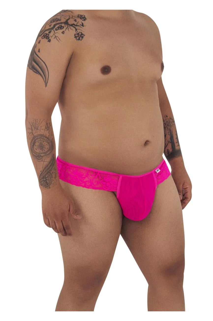 The front of the pink Lace Thong with Pouch on a plus size model.