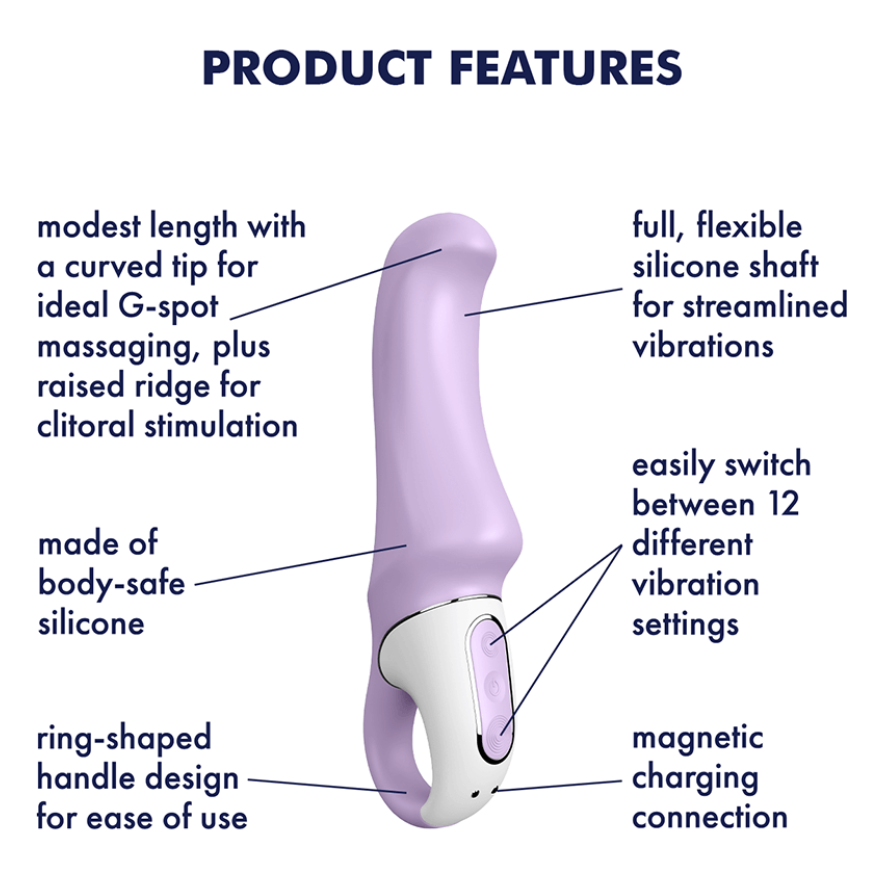 A diagram of the product features of the Satisfyer Charming Smile Vibrator.