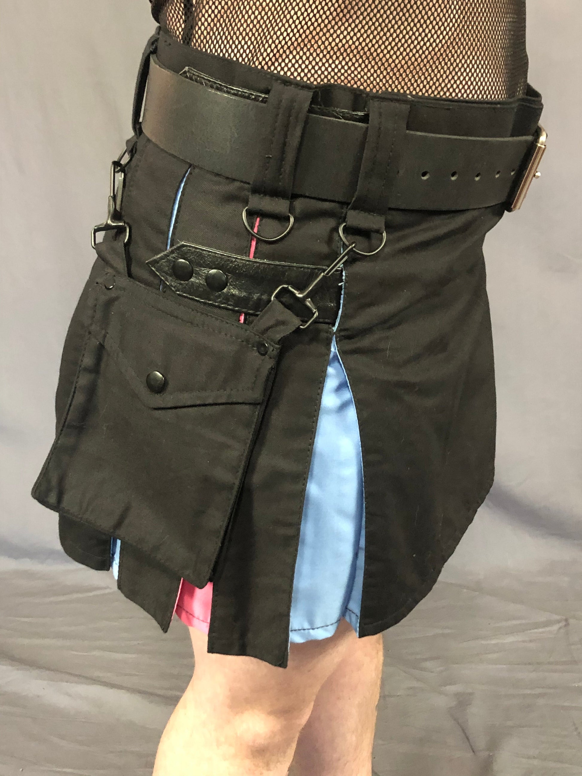 Close up of right side of Heritage trans pride kilt and detachable pocket 
