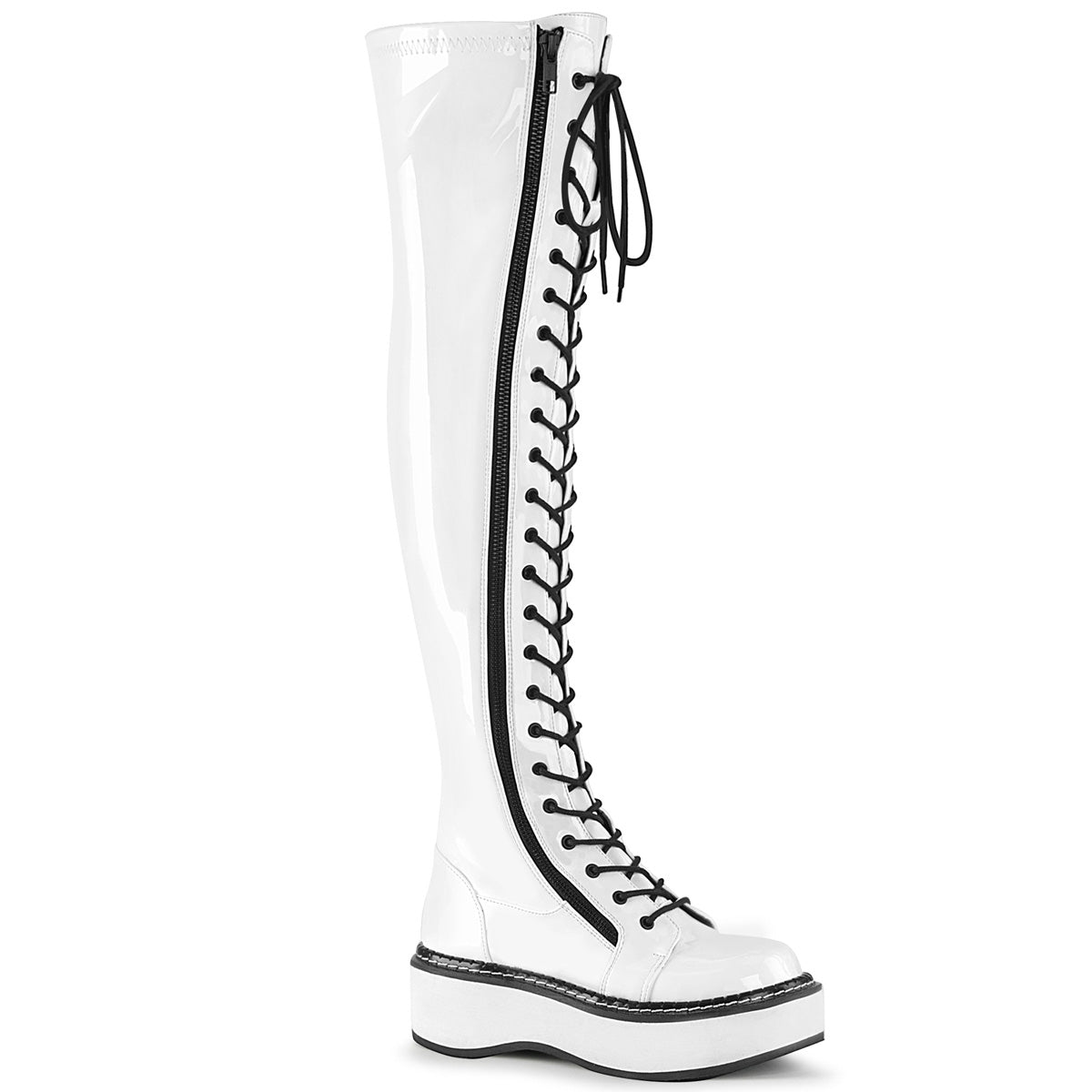 White patent emily over-the-knee 2" platform boots.