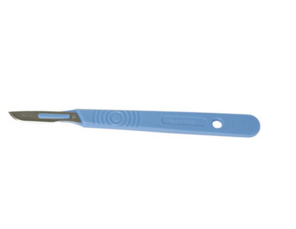 A Disposable Scalpel with a blue handle.