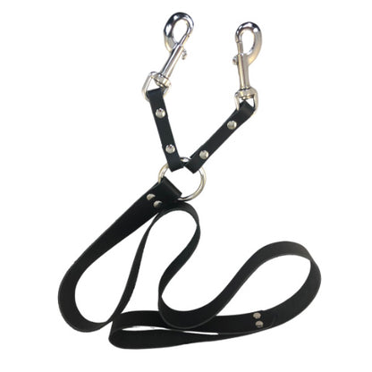 Leather double leash against white background.