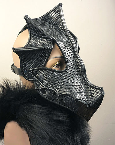 right forward facing black leather dragon mask on mannequin