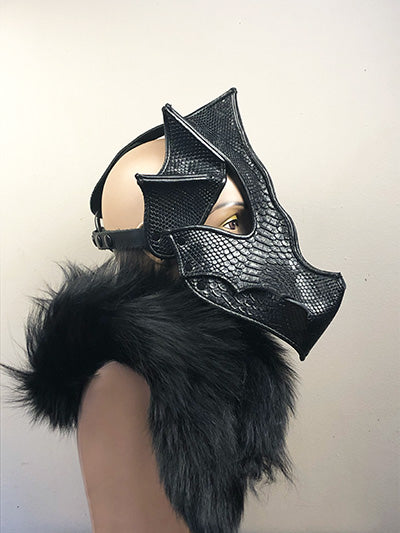 right facing black leather dragon mask on mannequin