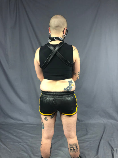 Back view of the black and yellow prowler leather sport shorts.
