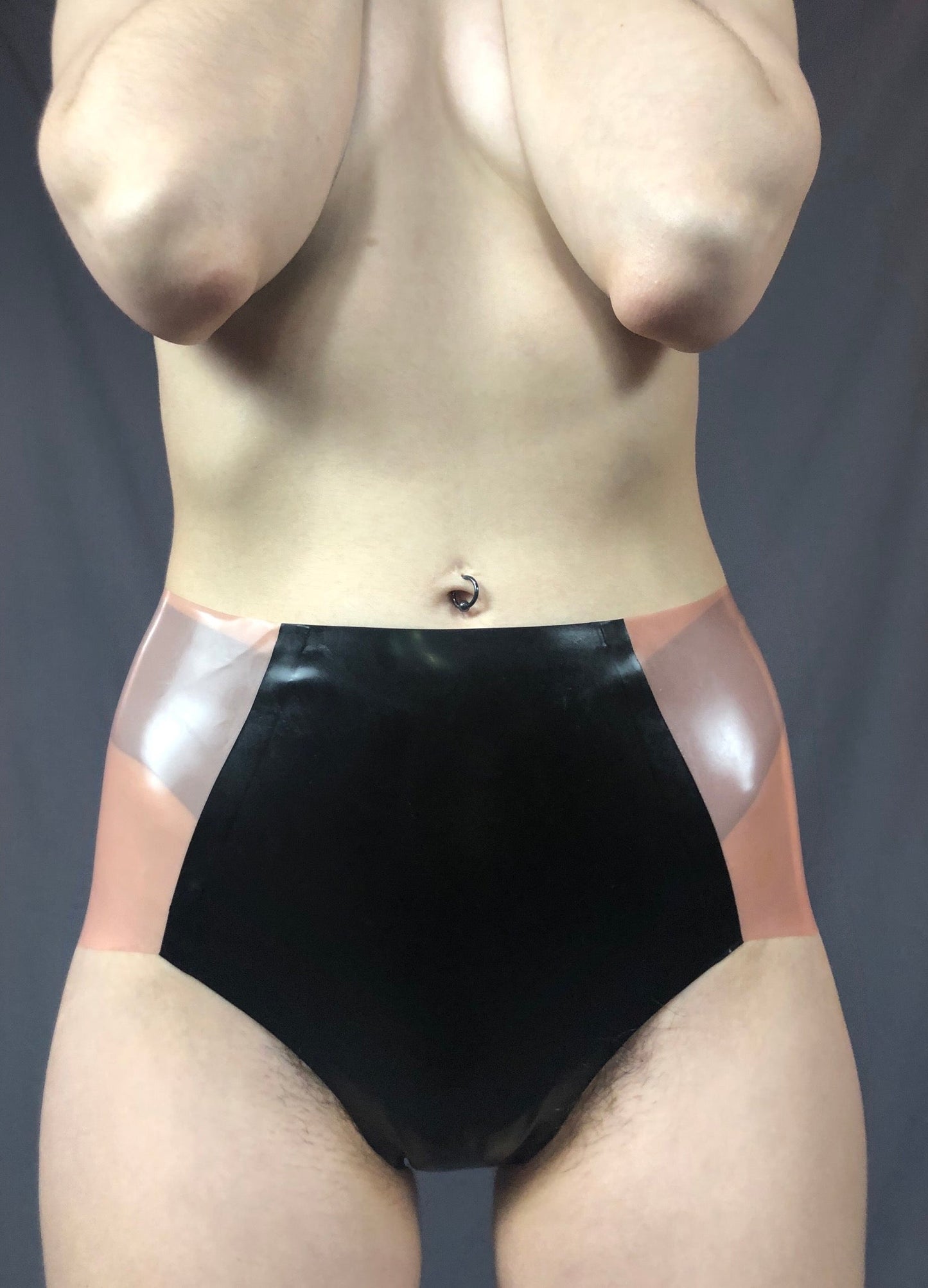 Close up view of the front of the Classic Latex Black Panel Panty.