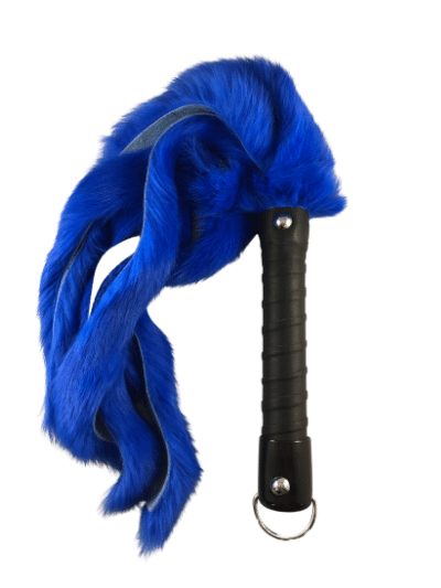 Electric blue 20" rabbit fur flogger with black leather handle and D-ring for hanging.