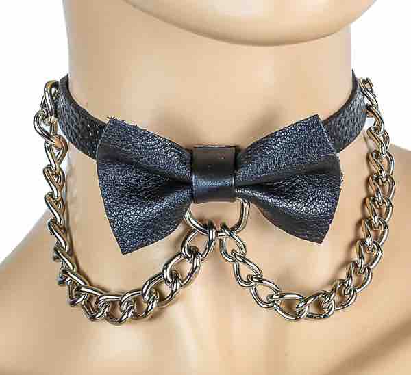 Bowtie Choker, Black leather with chains.