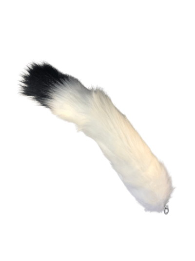 White w/black tip faux fur tail with clip.