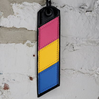 Pansexual pride flag key ring against a wall
