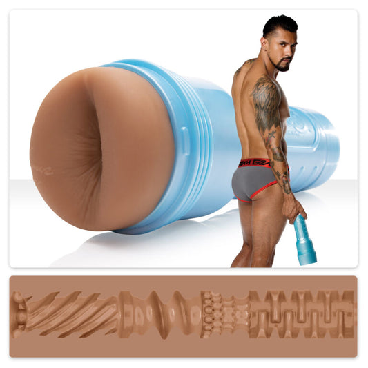 A composite of three photos; Boomer Banks holding the Sonic Boom Fleshlight Fleshjack Boys, a closeup of the opening and a cross section of the inside of the toy.