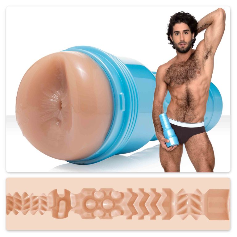 A composite of three photos; Diego Sans holding the Sex Machine Fleshlight Fleshjack Boys, a closeup of the opening and a cross section of the inside of the toy.