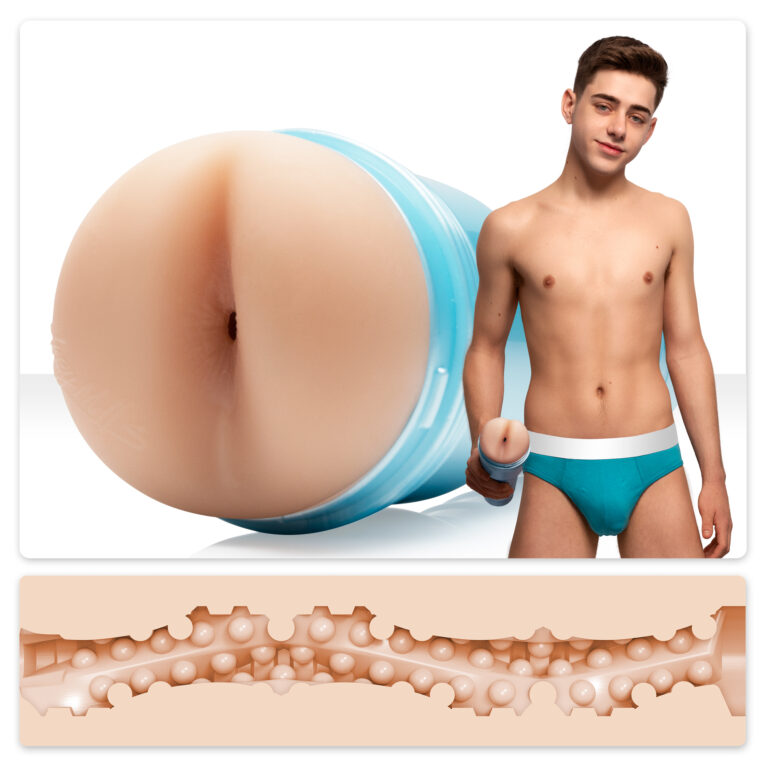 A composite of three photos; Joey Mills holding the Electric Fleshlight Fleshjack Boys, a closeup of the opening and a cross section of the inside of the toy.