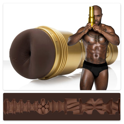 A composite of three photos; Milan Christopher holding the King Fleshlight Fleshjack Boys, a closeup of the opening and a cross section of the inside of the toy.