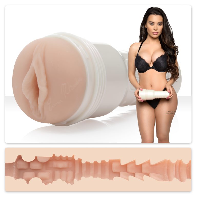 A composite of three photos; Lana Rhoades holding the Destiny Fleshlight Girls, a closeup of the opening and a cross section of the inside of the toy.