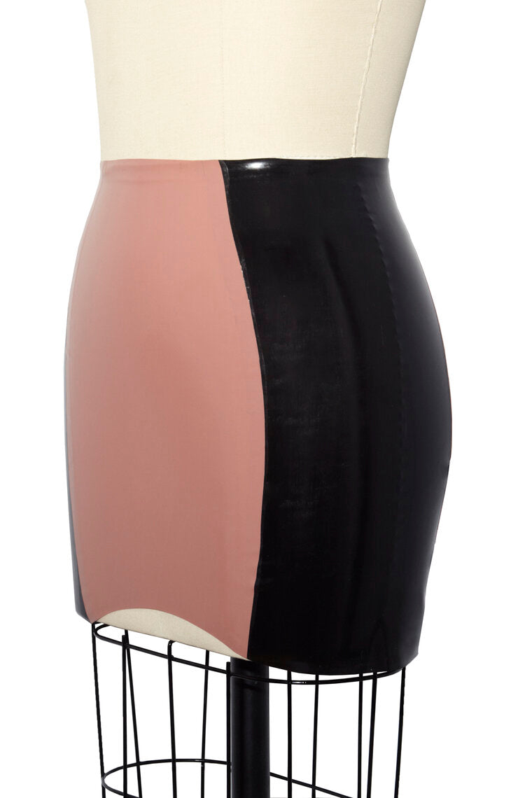 The front left of the black and transparent Latex Girdle Mini Skirt on a mannequin.