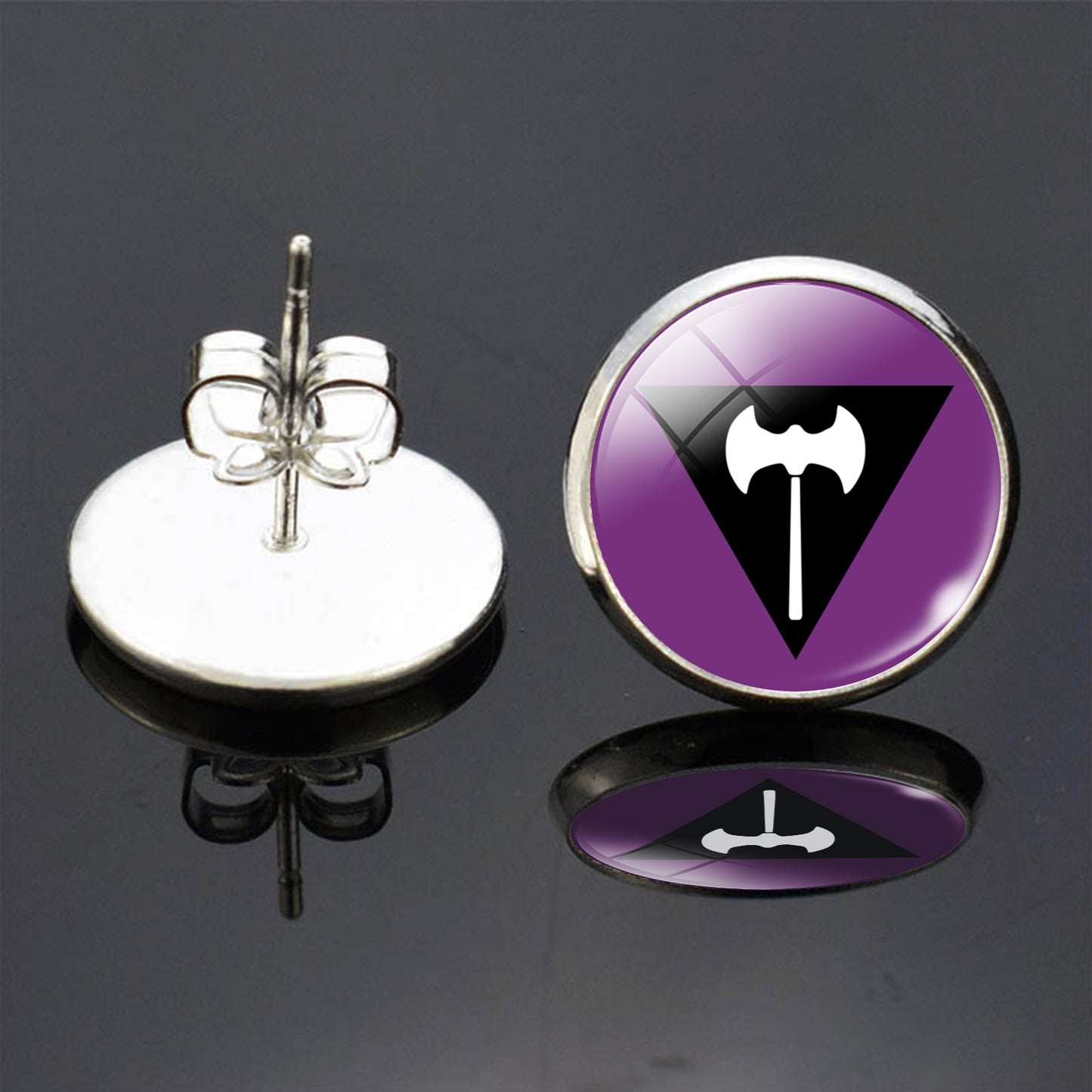  Labrys pride flag round post earring,one earring showing post other showing  Labrys  design