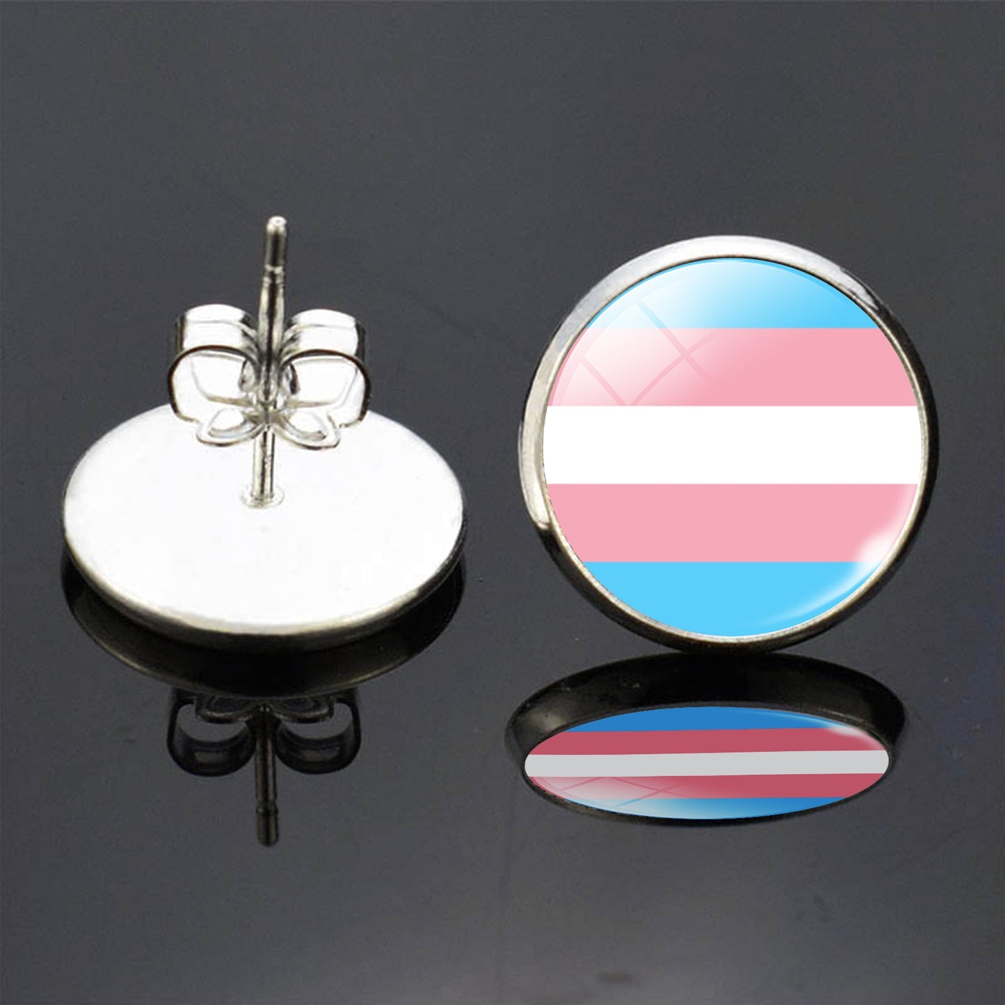 transgender pride flag round post earring, one showing post other showing transgender design