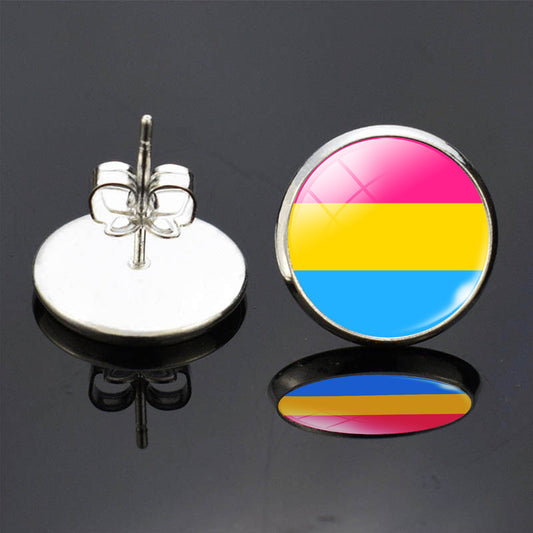 Pansexual pride flag round post earring , one showing back post, one showing front