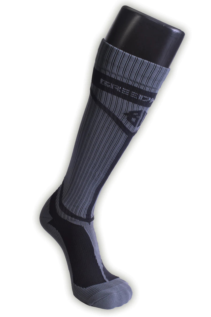 A mannequin leg wearing a grey Hybred Sock.