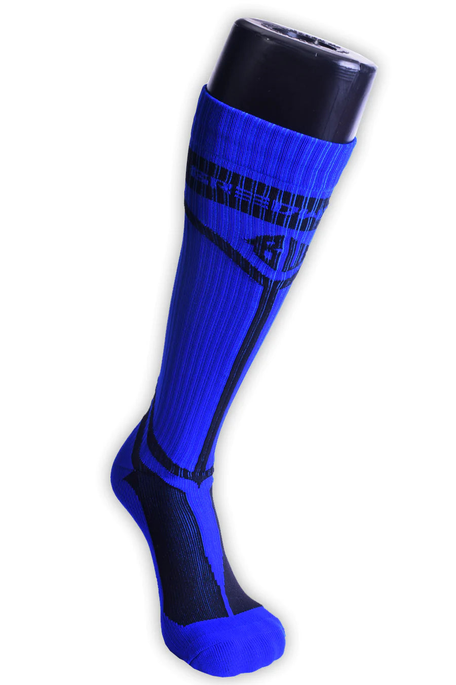 A mannequin leg wearing a blue Hybred Sock.