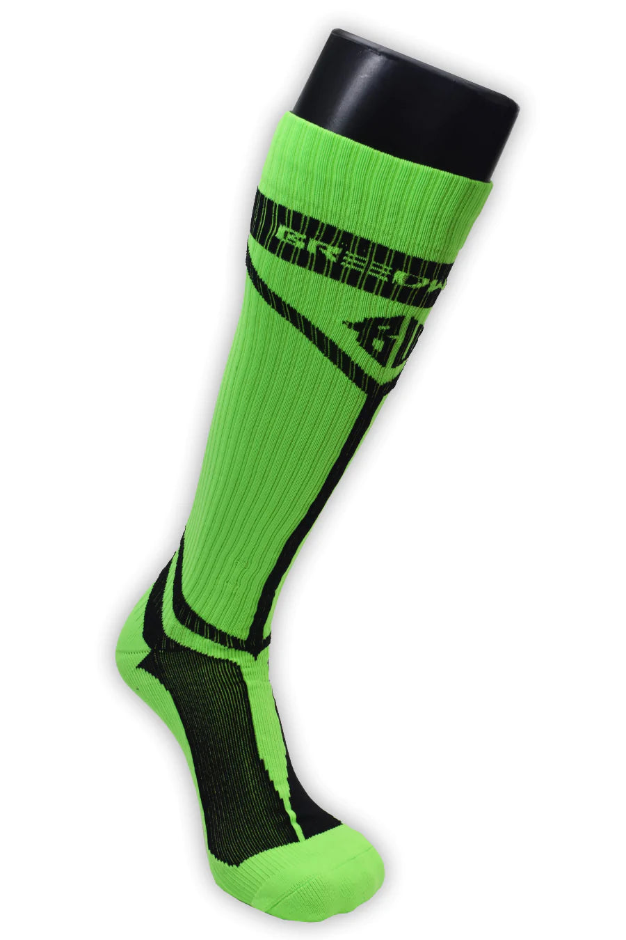 A mannequin leg wearing a neon green Hybred Sock.