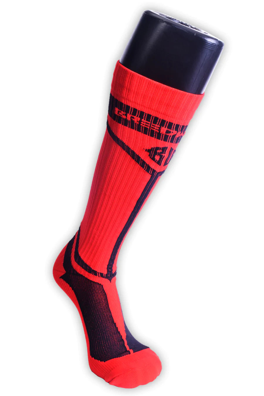 A mannequin leg wearing a red Hybred Sock.