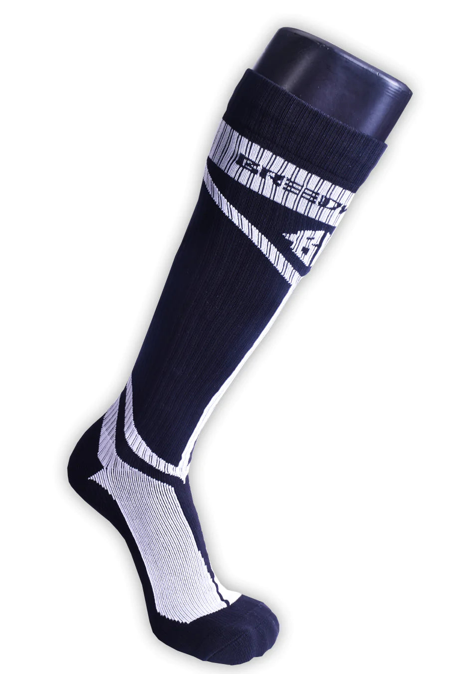 A mannequin leg wearing a black Hybred Sock.