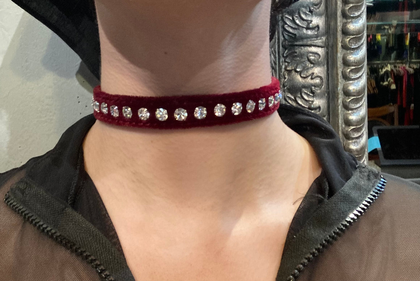 Model wears the burgundy velvet choker with clear rhinestones.