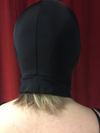 A model wearing the Spandex Hood with mouth hole, rear view.