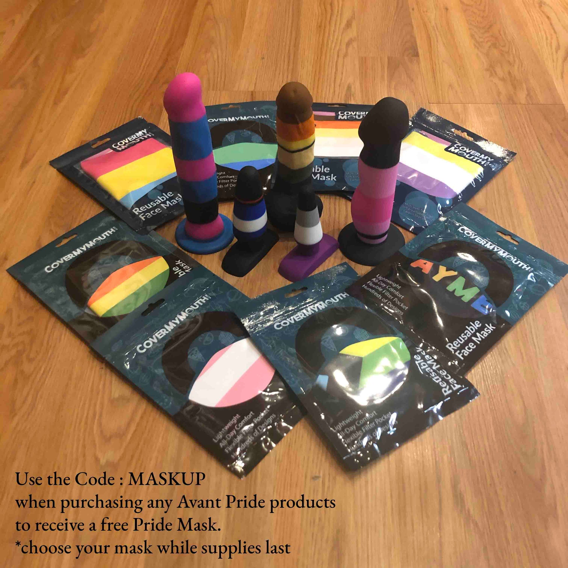 An assortment of Avant Pride Dildos and matching masks.