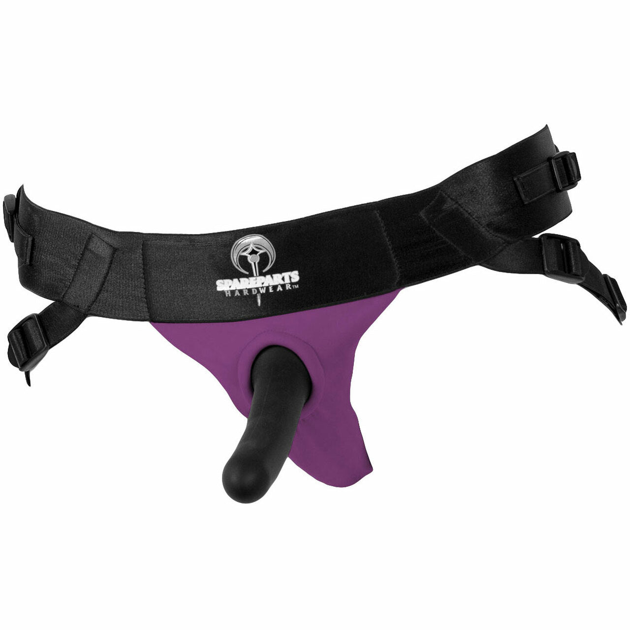 The purple Joque Harness with a dildo inserted.