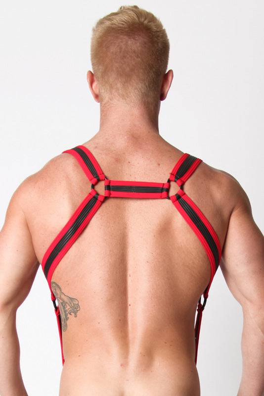 The back of the red and black Spartan Reversible Suspender Harness.