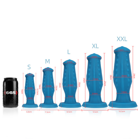 A chart comparing the sizes of all of the Jake Liquid Silicone Dildos to a soda can.