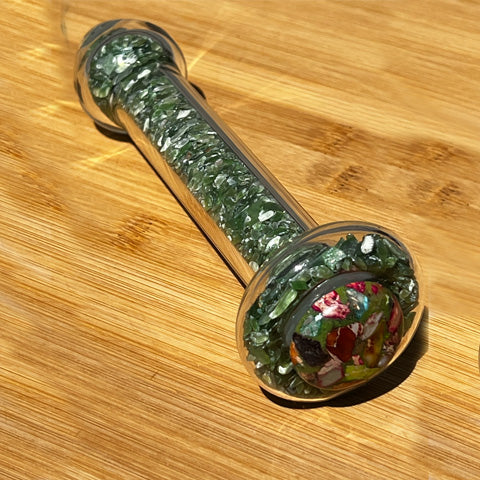 Jasper Crystal healing stone basix delight dildo,  position to show a green stone with shards of red, pink, and orange on the base.